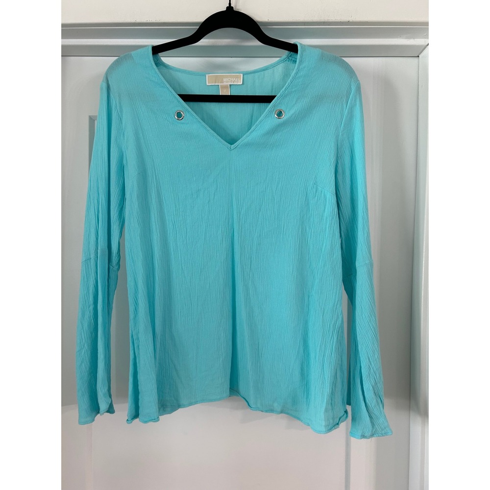 Michael Kors Turquoise Blue Grommet V-Neck Bell Sleeve Gauze Top Medium Beach